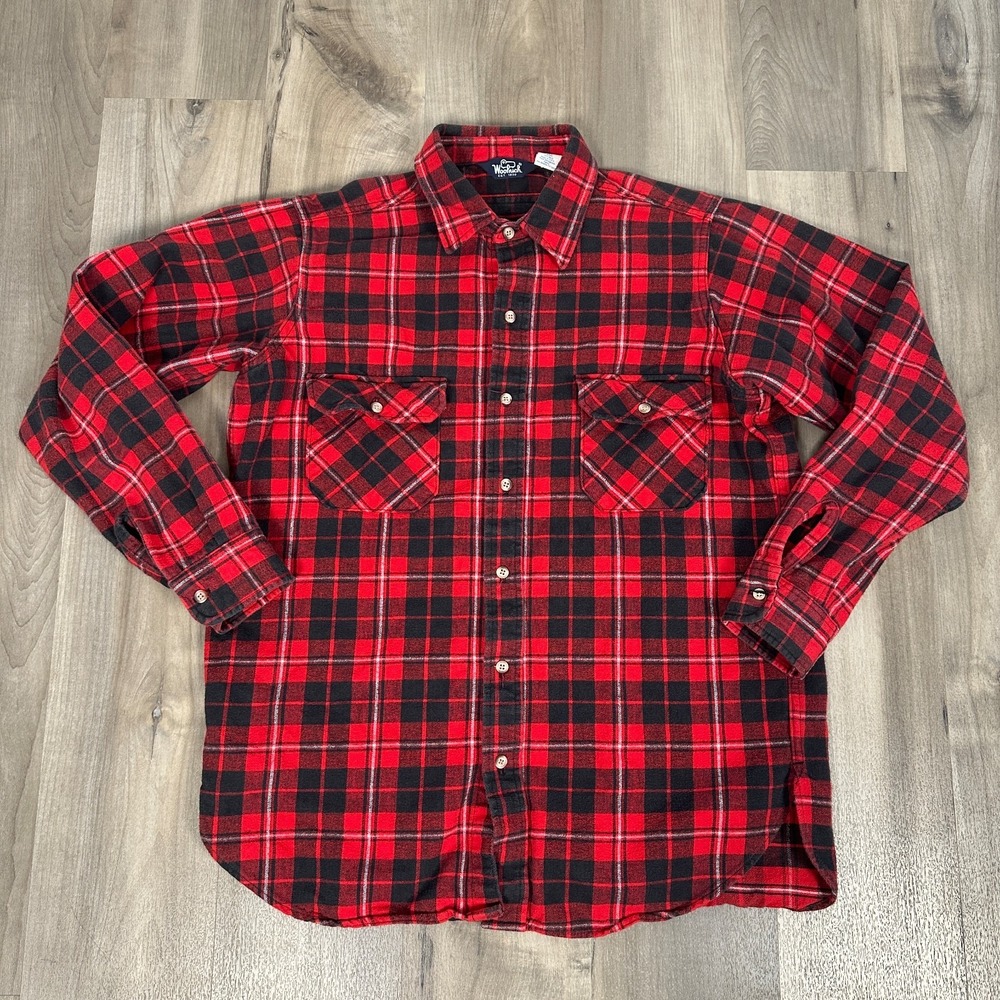 Vintage Woolrich Flannel Shirt Mens XL Long Red Black Plaid Cotton Made in USA